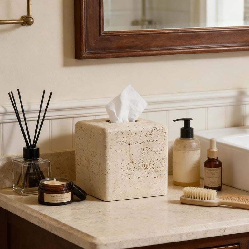 Polytree Natural Travertine Textures Tissue Box Cover Square for Home Decor,Resin Heavy Tissue Box Holder for Bathroom Countertop,Tabletop,Bedside Table,Office (Handmade of Resin) - Image 2